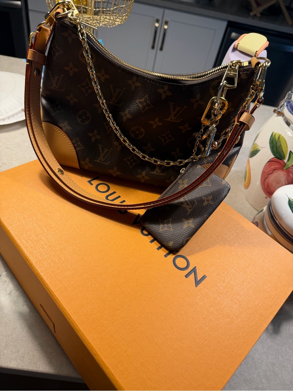 Louis Vuitton Monogram Canvas Shoulder Bag with Gold Hardware and Tan Trim